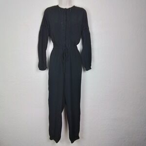 GAP Black Long Sleeve Jumpsuit Women M Boho Peasant Lace Inset Cinch Waist Rayon